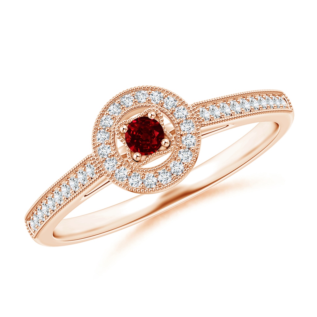 2.5mm AAAA Vintage Style Ruby Halo Ring with Milgrain Detailing in Rose Gold