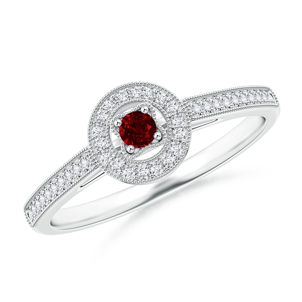 2.5mm AAAA Vintage Style Ruby Halo Ring with Milgrain Detailing in White Gold