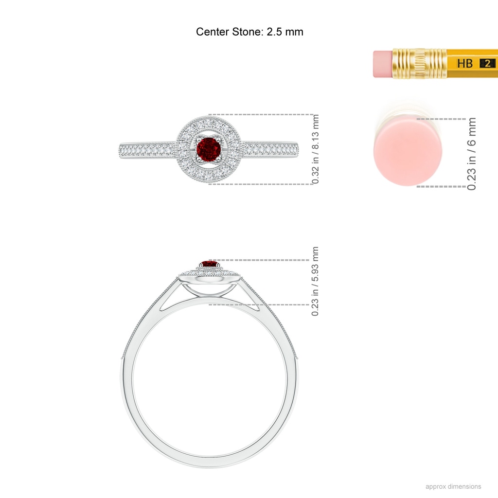 2.5mm AAAA Vintage Style Ruby Halo Ring with Milgrain Detailing in White Gold Ruler