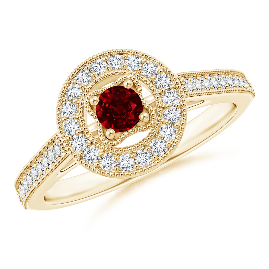 3.5mm AAAA Vintage Style Ruby Halo Ring with Milgrain Detailing in Yellow Gold