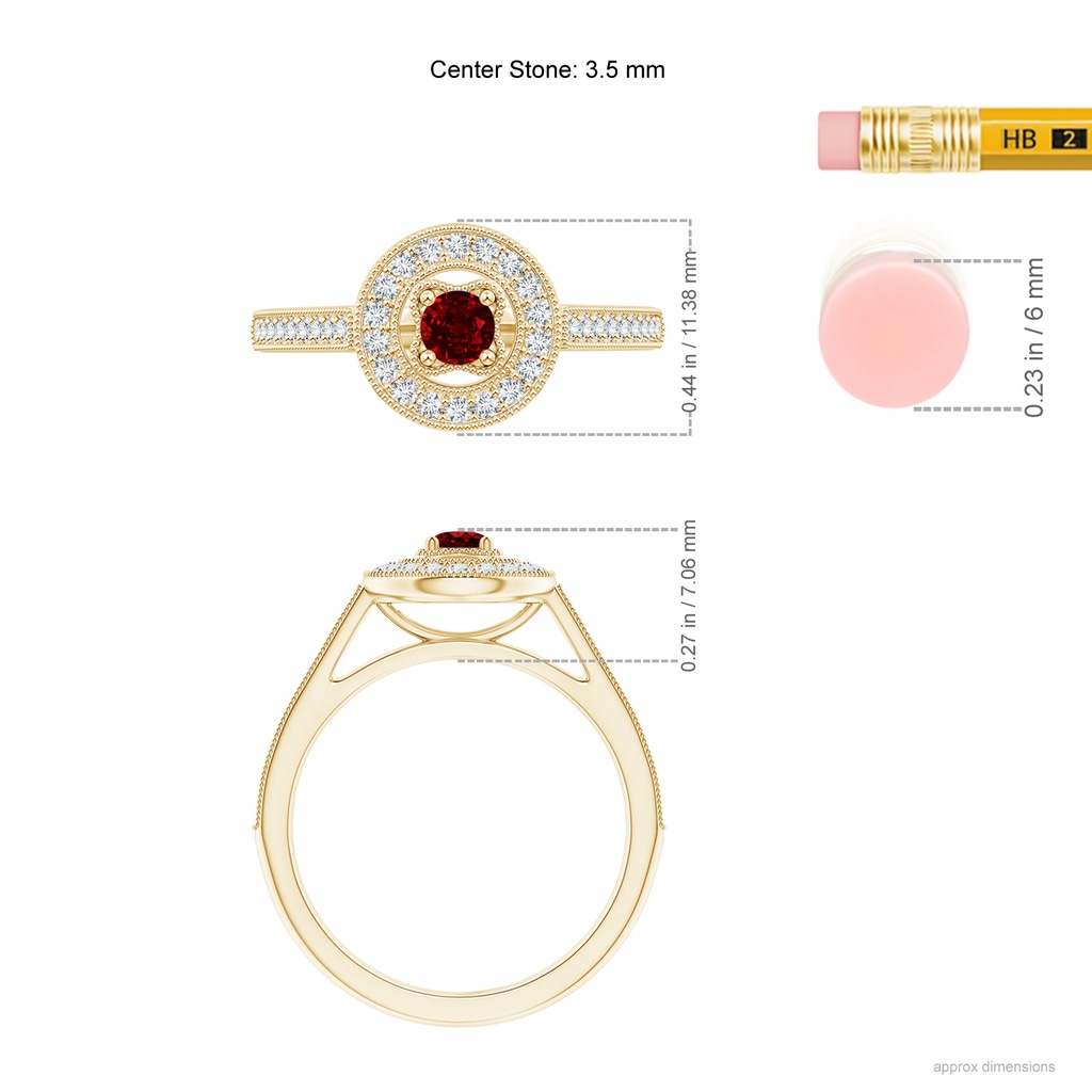 3.5mm AAAA Vintage Style Ruby Halo Ring with Milgrain Detailing in Yellow Gold Ruler
