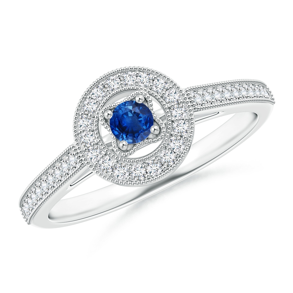 3mm AAA Vintage Style Sapphire Halo Ring with Milgrain Detailing in White Gold