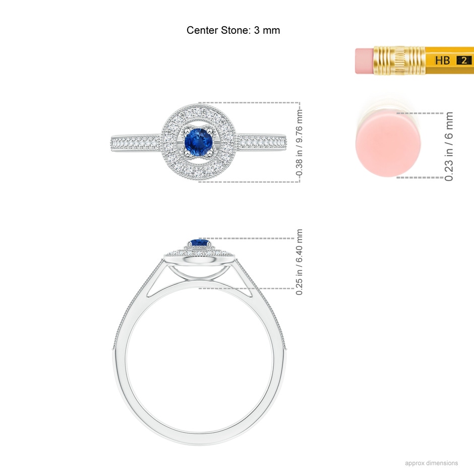 3mm AAA Vintage Style Sapphire Halo Ring with Milgrain Detailing in White Gold ruler