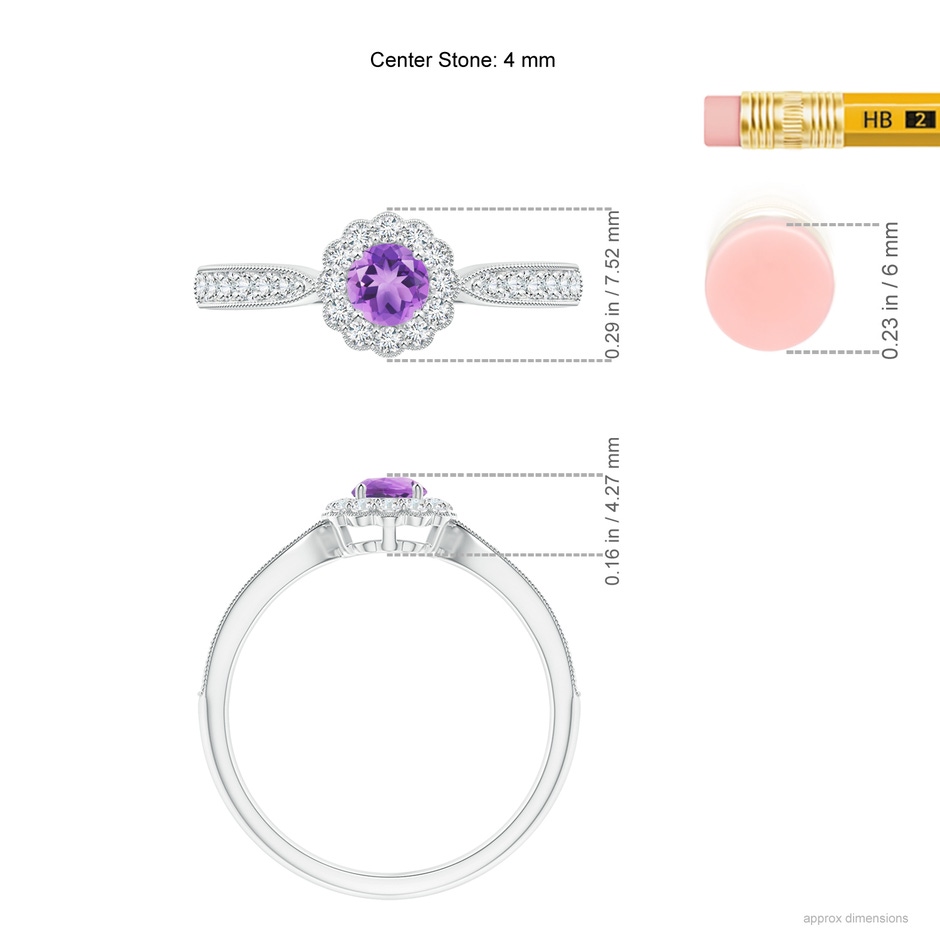 4mm A Vintage Inspired Amethyst Milgrain Ring with Diamond Halo in S999 Silver ruler