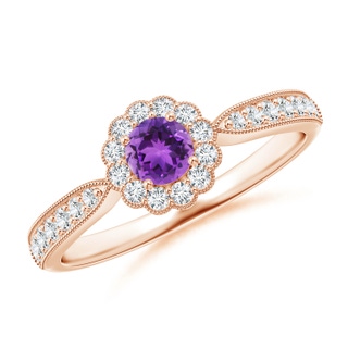 4mm AAA Vintage Inspired Amethyst Milgrain Ring with Diamond Halo in Rose Gold