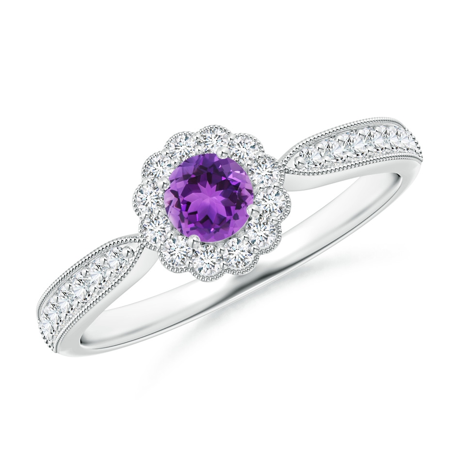 4mm AAA Vintage Inspired Amethyst Milgrain Ring with Diamond Halo in S999 Silver 