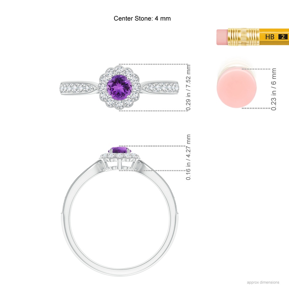 4mm AAA Vintage Inspired Amethyst Milgrain Ring with Diamond Halo in S999 Silver ruler