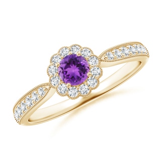 4mm AAA Vintage Inspired Amethyst Milgrain Ring with Diamond Halo in Yellow Gold