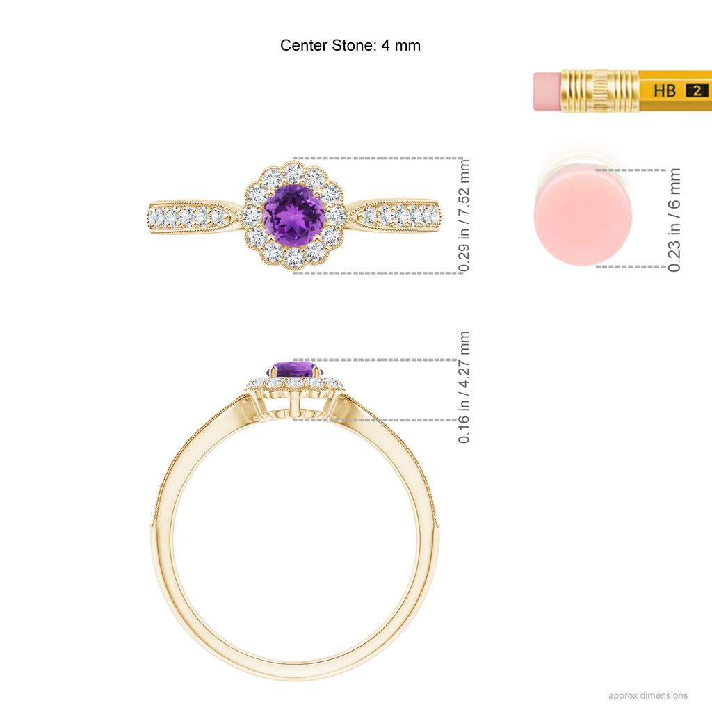 4mm AAA Vintage Inspired Amethyst Milgrain Ring with Diamond Halo in Yellow Gold Ruler