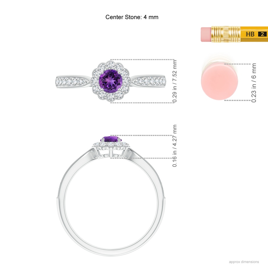 4mm AAAA Vintage Inspired Amethyst Milgrain Ring with Diamond Halo in P950 Platinum ruler