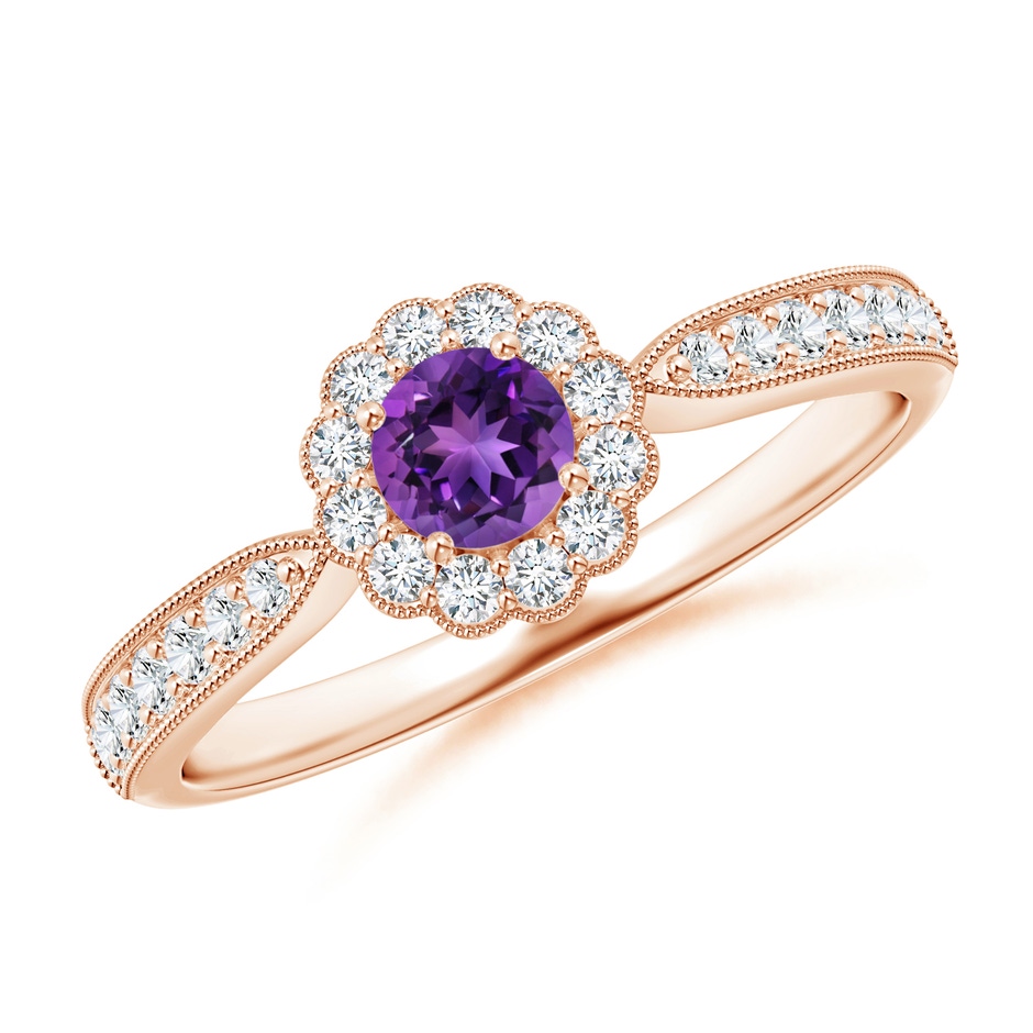 4mm AAAA Vintage Inspired Amethyst Milgrain Ring with Diamond Halo in Rose Gold 