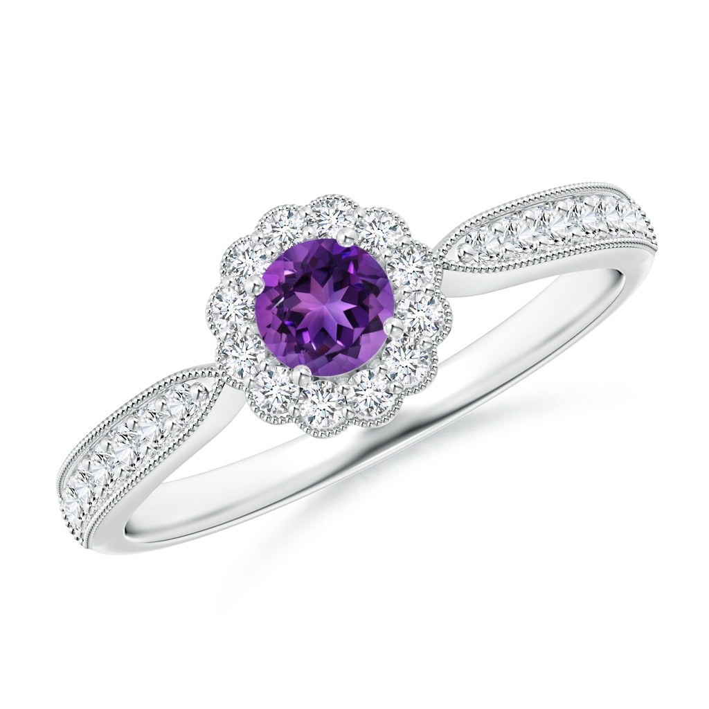 4mm AAAA Vintage Inspired Amethyst Milgrain Ring with Diamond Halo in S999 Silver