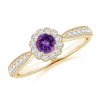 4mm AAAA Vintage Inspired Amethyst Milgrain Ring with Diamond Halo in Yellow Gold