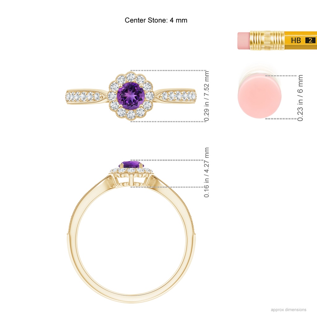 4mm AAAA Vintage Inspired Amethyst Milgrain Ring with Diamond Halo in Yellow Gold Ruler