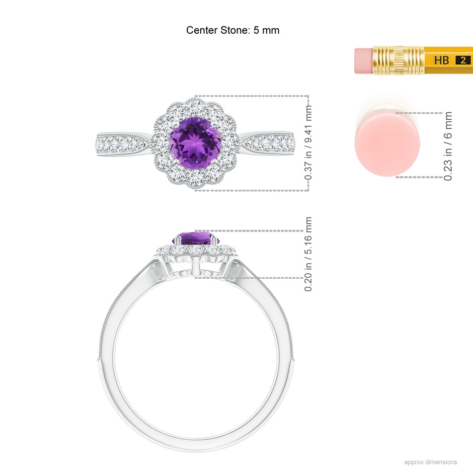 5mm AAA Vintage Inspired Amethyst Milgrain Ring with Diamond Halo in White Gold ruler