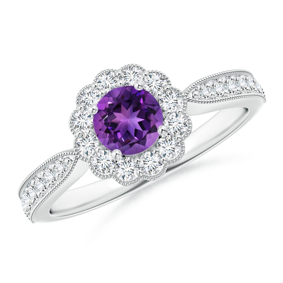 5mm AAAA Vintage Inspired Amethyst Milgrain Ring with Diamond Halo in White Gold 