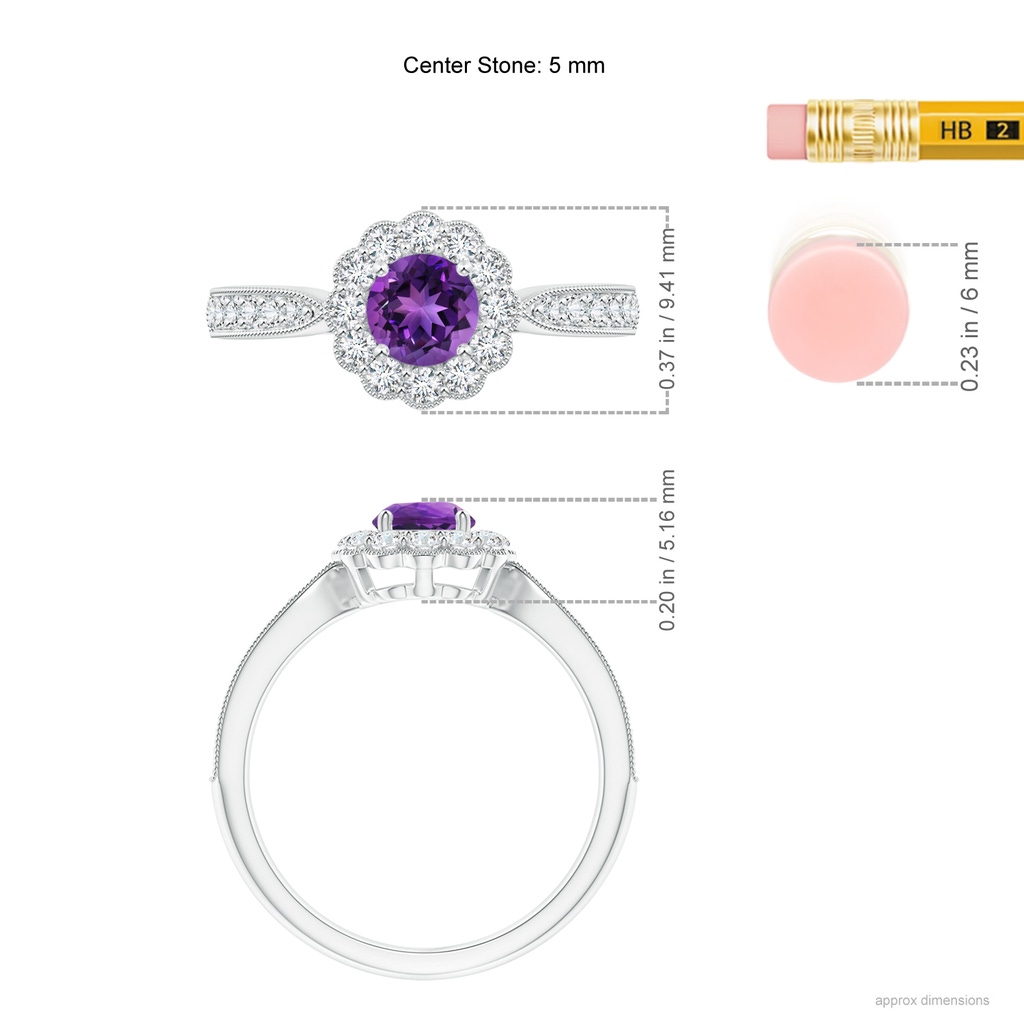 5mm AAAA Vintage Inspired Amethyst Milgrain Ring with Diamond Halo in White Gold Ruler