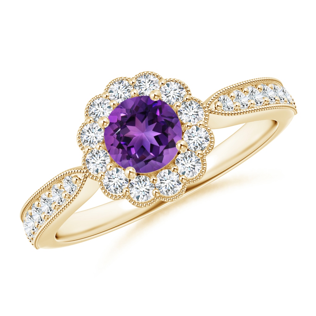 5mm AAAA Vintage Inspired Amethyst Milgrain Ring with Diamond Halo in Yellow Gold