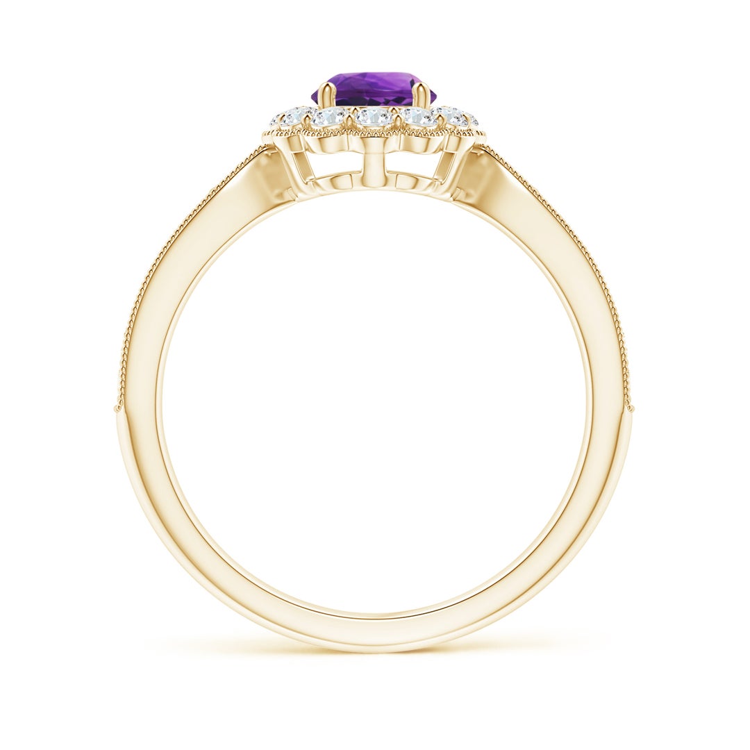 5mm AAAA Vintage Inspired Amethyst Milgrain Ring with Diamond Halo in Yellow Gold - side 2