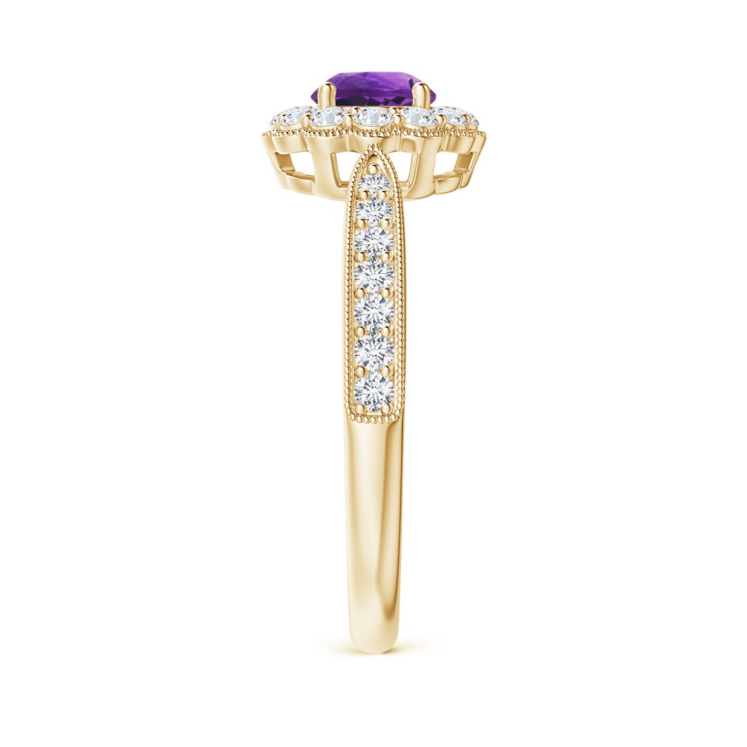 5mm AAAA Vintage Inspired Amethyst Milgrain Ring with Diamond Halo in Yellow Gold - side 3