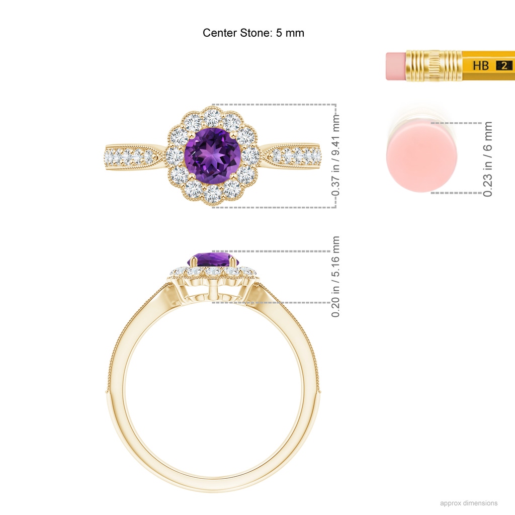 5mm AAAA Vintage Inspired Amethyst Milgrain Ring with Diamond Halo in Yellow Gold Ruler