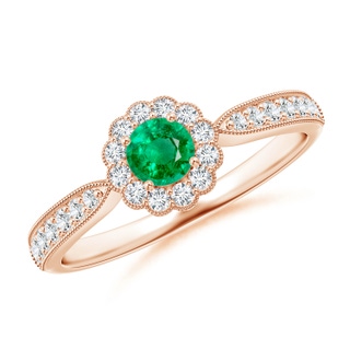 4mm AAA Vintage Inspired Emerald Milgrain Ring with Diamond Halo in Rose Gold