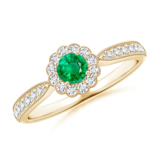 4mm AAA Vintage Inspired Emerald Milgrain Ring with Diamond Halo in Yellow Gold