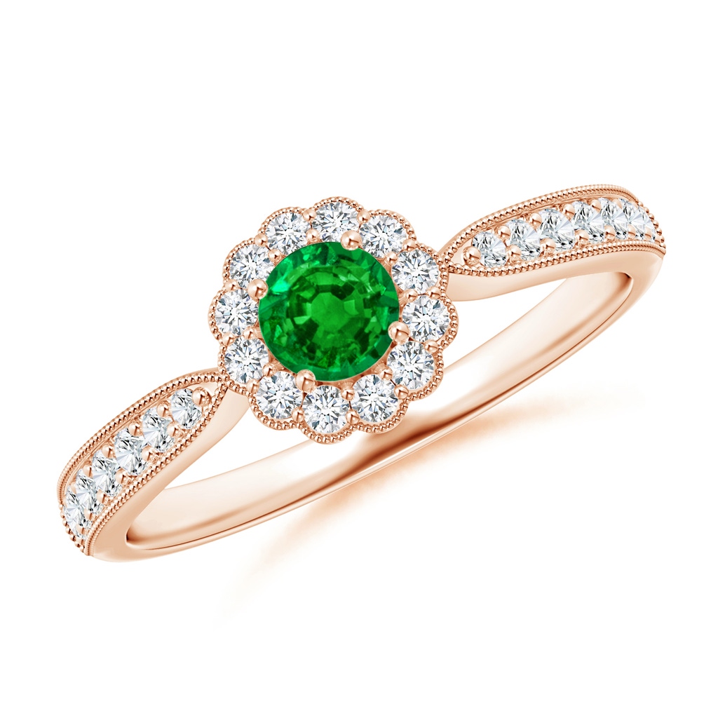 4mm AAAA Vintage Inspired Emerald Milgrain Ring with Diamond Halo in Rose Gold