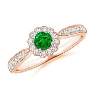 4mm AAAA Vintage Inspired Emerald Milgrain Ring with Diamond Halo in Rose Gold