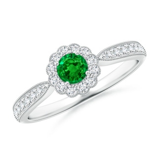 4mm AAAA Vintage Inspired Emerald Milgrain Ring with Diamond Halo in White Gold