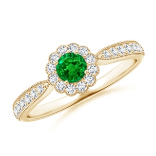 4mm AAAA Vintage Inspired Emerald Milgrain Ring with Diamond Halo in Yellow Gold