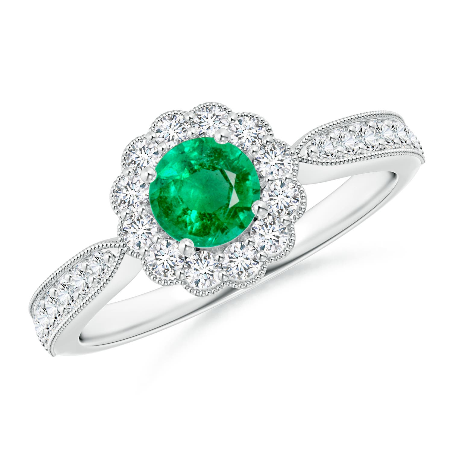 Vintage Inspired Emerald Milgrain Ring with Diamond Halo | Angara