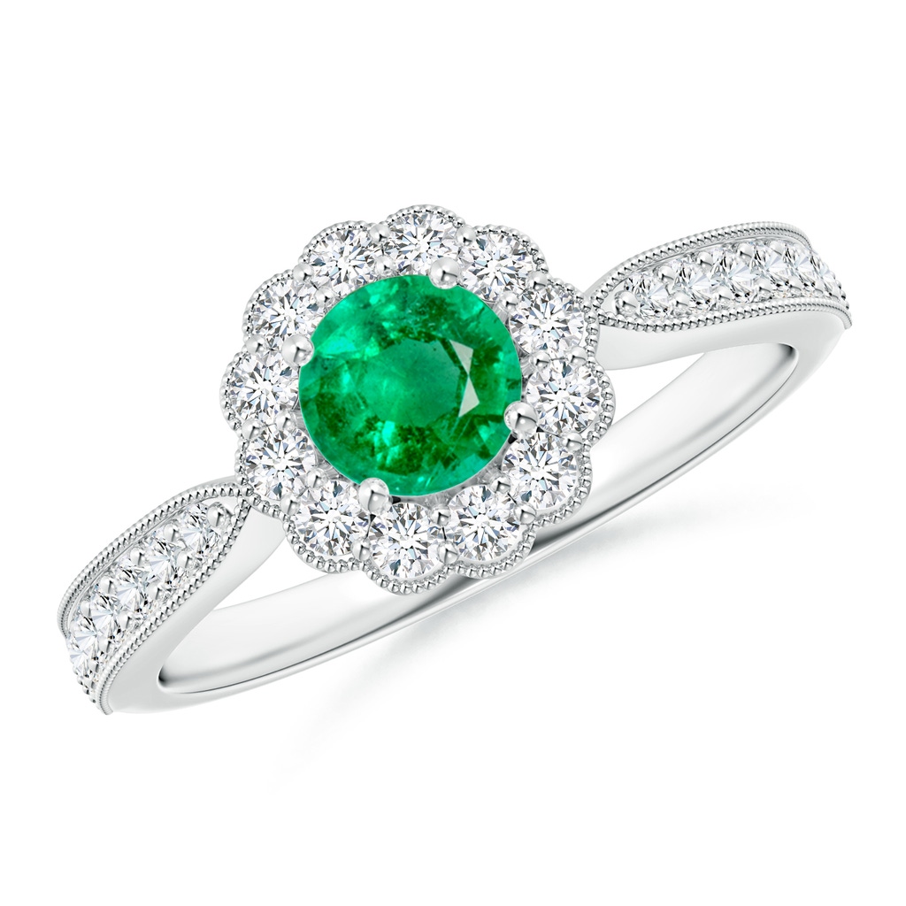 5mm AAA Vintage Inspired Emerald Milgrain Ring with Diamond Halo in White Gold