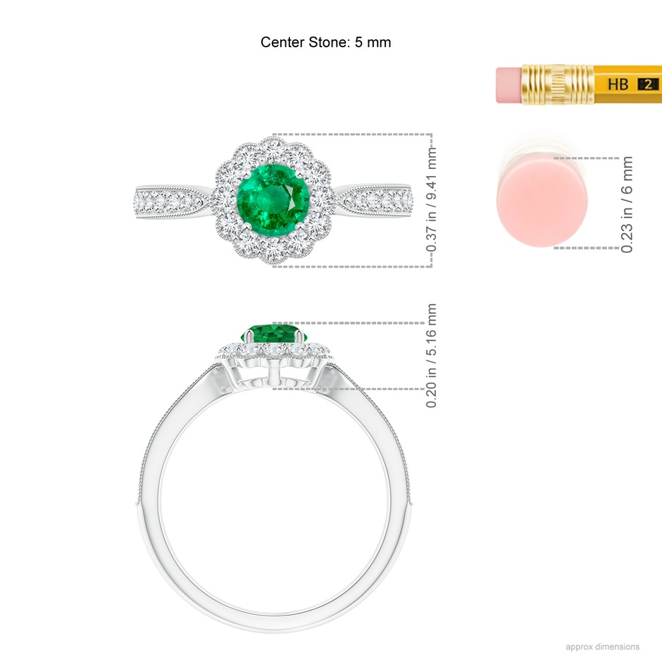 5mm AAA Vintage Inspired Emerald Milgrain Ring with Diamond Halo in White Gold ruler