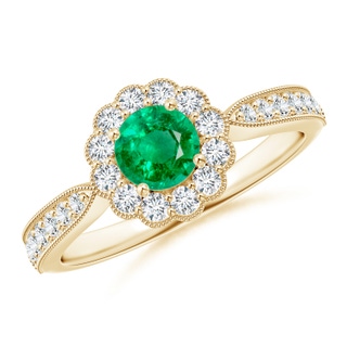 5mm AAA Vintage Inspired Emerald Milgrain Ring with Diamond Halo in Yellow Gold