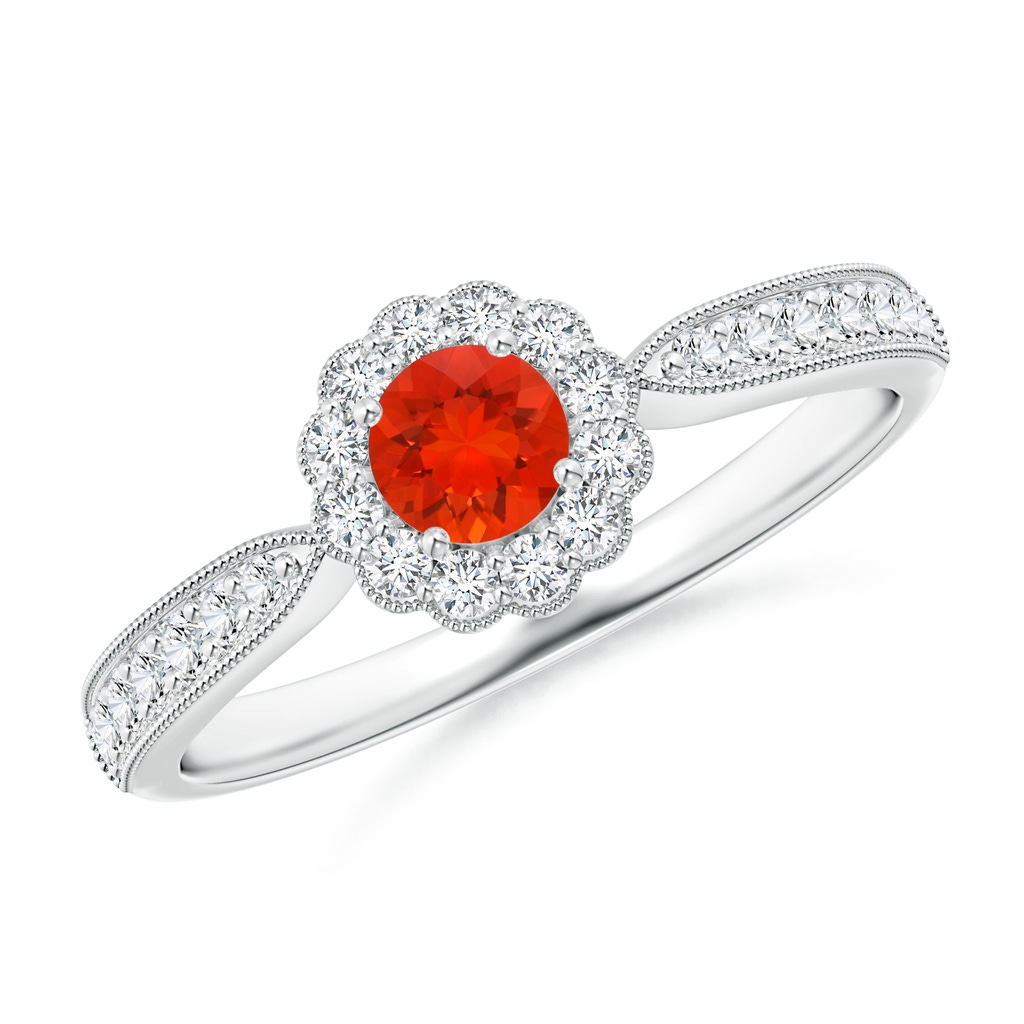 4mm AAAA Vintage Inspired Fire Opal Milgrain Ring with Diamond Halo in P950 Platinum
