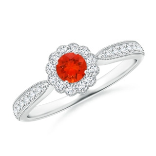 4mm AAAA Vintage Inspired Fire Opal Milgrain Ring with Diamond Halo in P950 Platinum