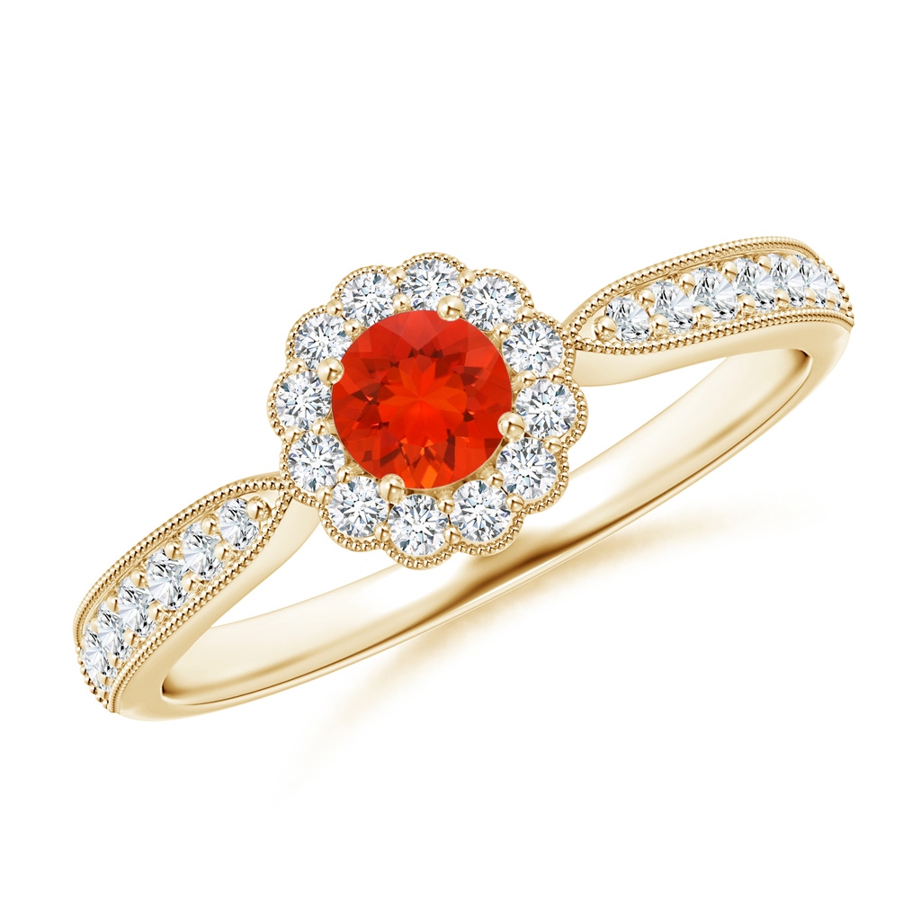 4mm AAAA Vintage Inspired Fire Opal Milgrain Ring with Diamond Halo in Yellow Gold
