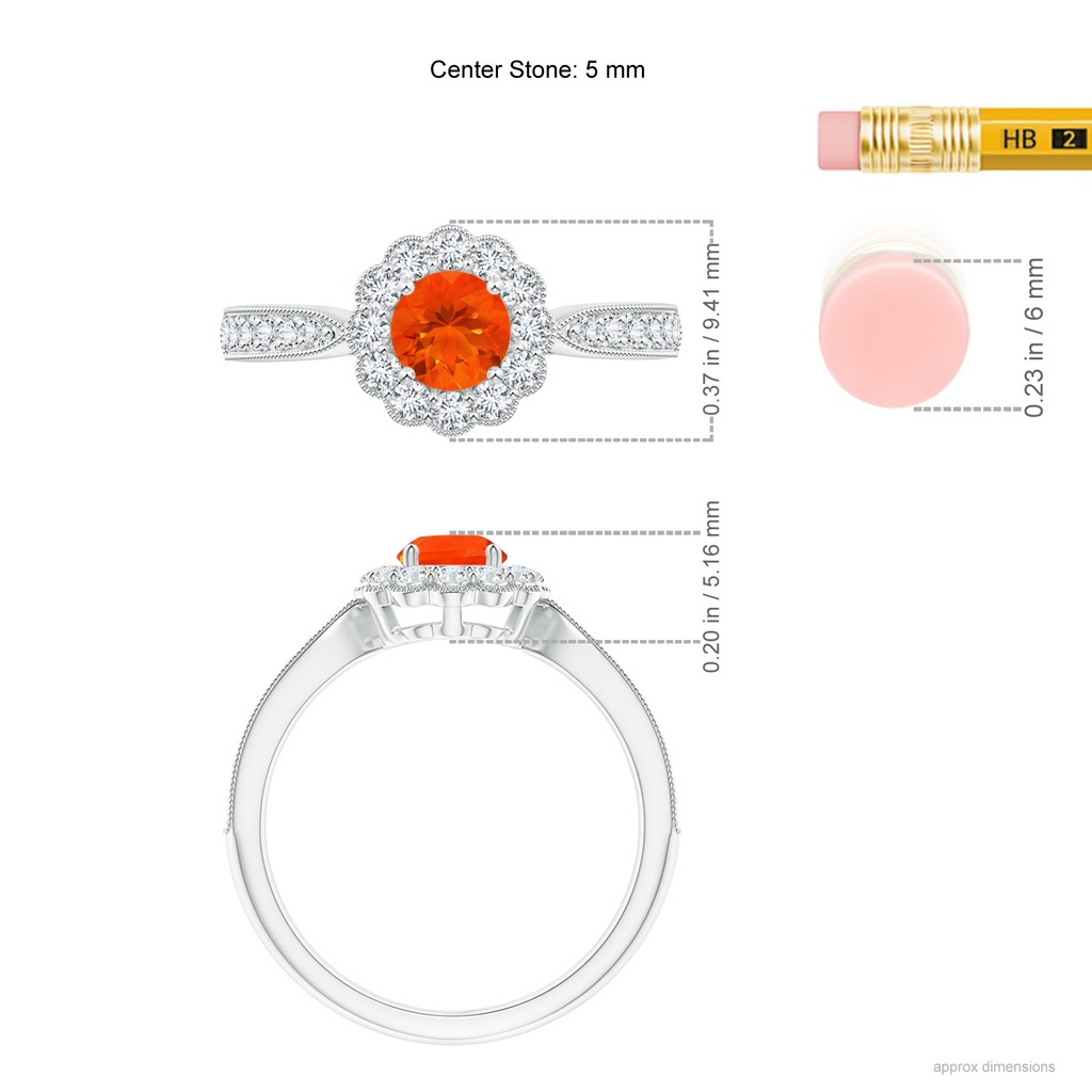 5mm AAA Vintage Inspired Fire Opal Milgrain Ring with Diamond Halo in White Gold Ruler
