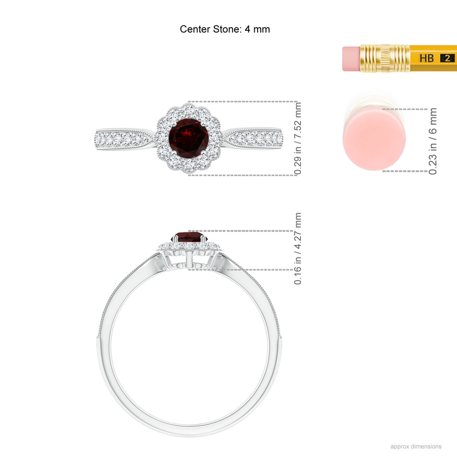 4mm A Vintage Inspired Garnet Milgrain Ring with Diamond Halo in S999 Silver ruler