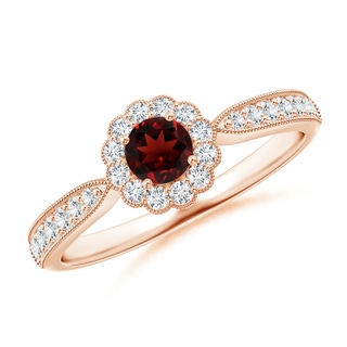 4mm AAA Vintage Inspired Garnet Milgrain Ring with Diamond Halo in Rose Gold