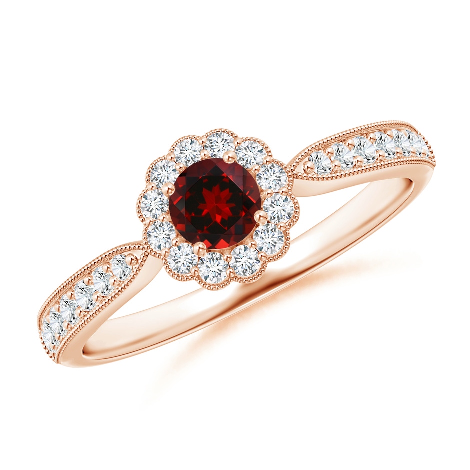 4mm AAAA Vintage Inspired Garnet Milgrain Ring with Diamond Halo in Rose Gold 