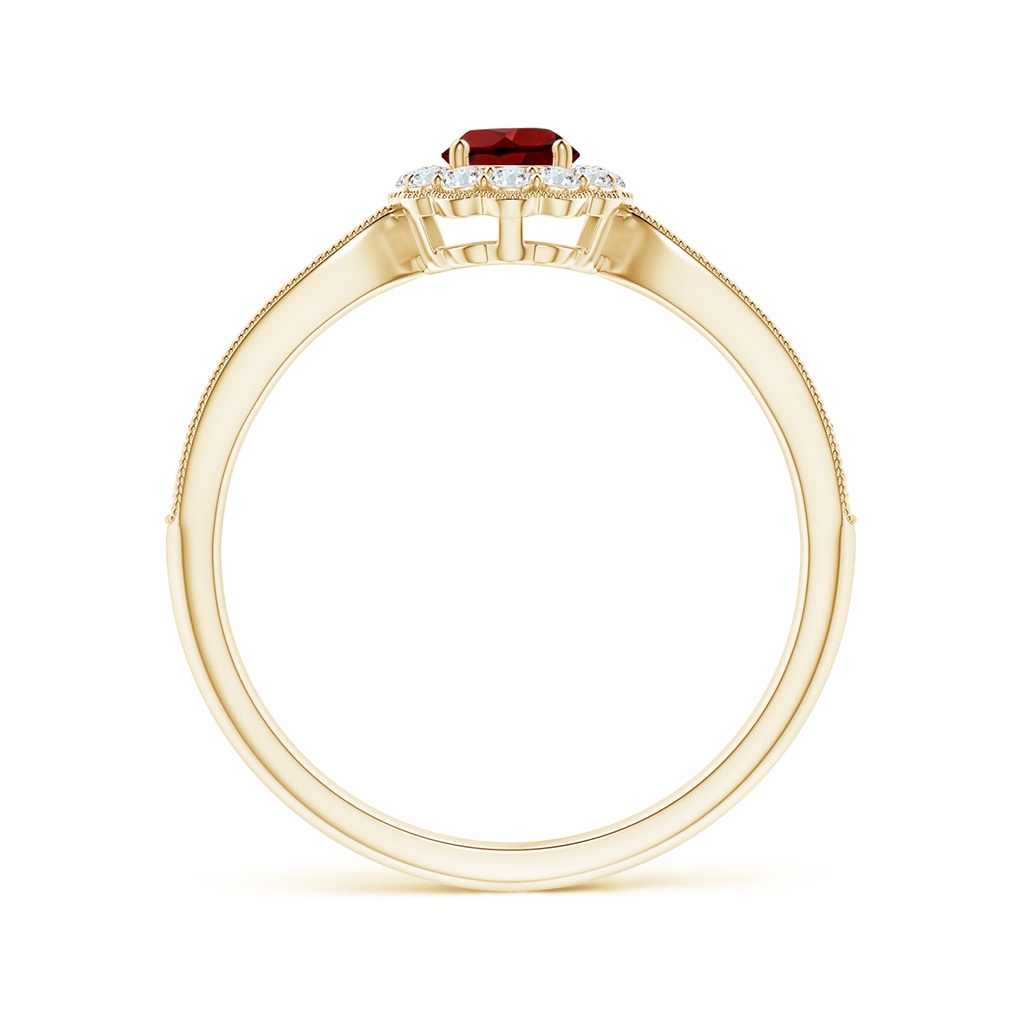 4mm AAAA Vintage Inspired Garnet Milgrain Ring with Diamond Halo in Yellow Gold Side-1