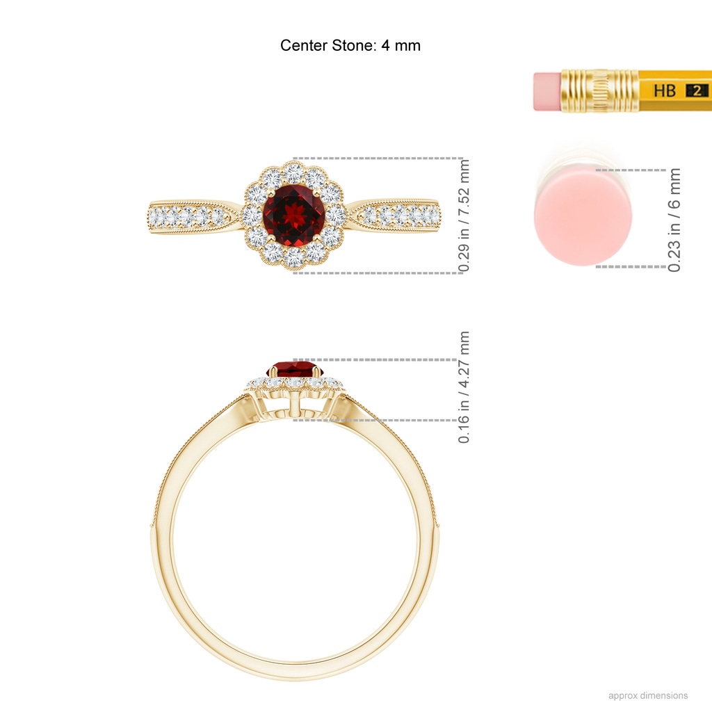 4mm AAAA Vintage Inspired Garnet Milgrain Ring with Diamond Halo in Yellow Gold Ruler