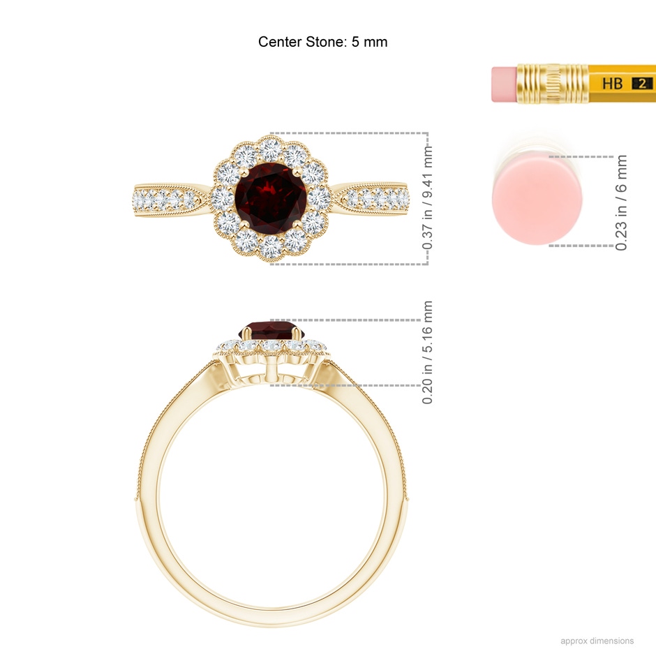 5mm A Vintage Inspired Garnet Milgrain Ring with Diamond Halo in 18K Yellow Gold ruler