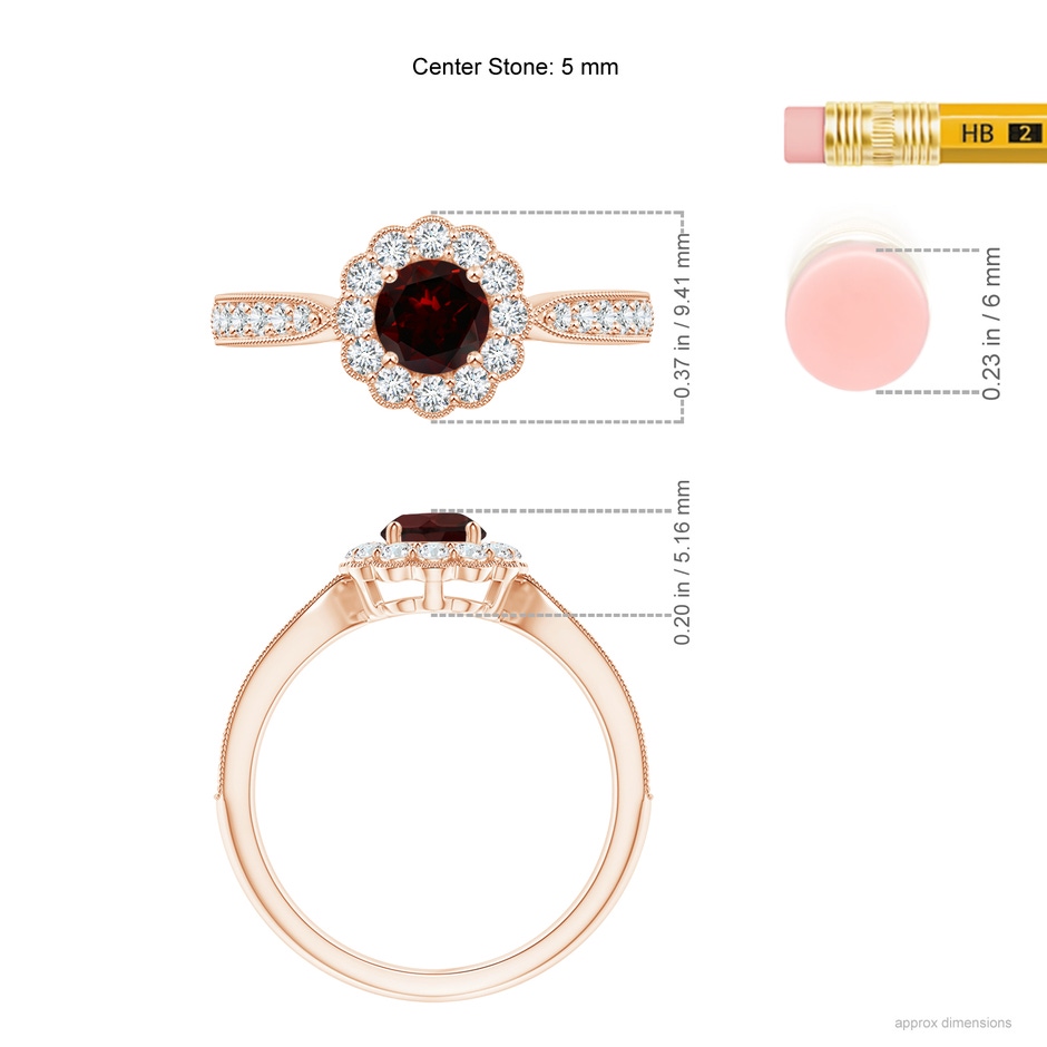 5mm A Vintage Inspired Garnet Milgrain Ring with Diamond Halo in Rose Gold ruler