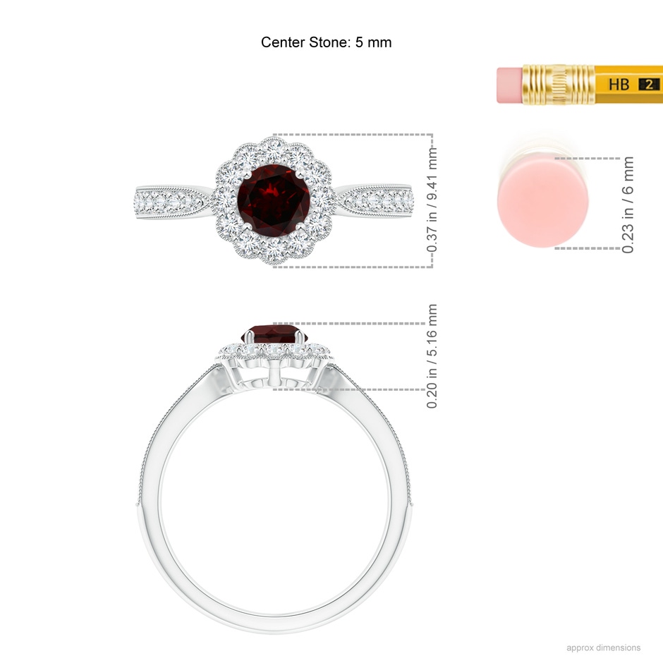 5mm A Vintage Inspired Garnet Milgrain Ring with Diamond Halo in White Gold ruler