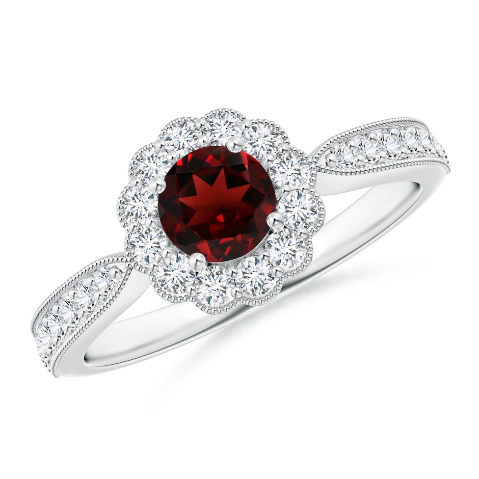 5mm AAA Vintage Inspired Garnet Milgrain Ring with Diamond Halo in White Gold 