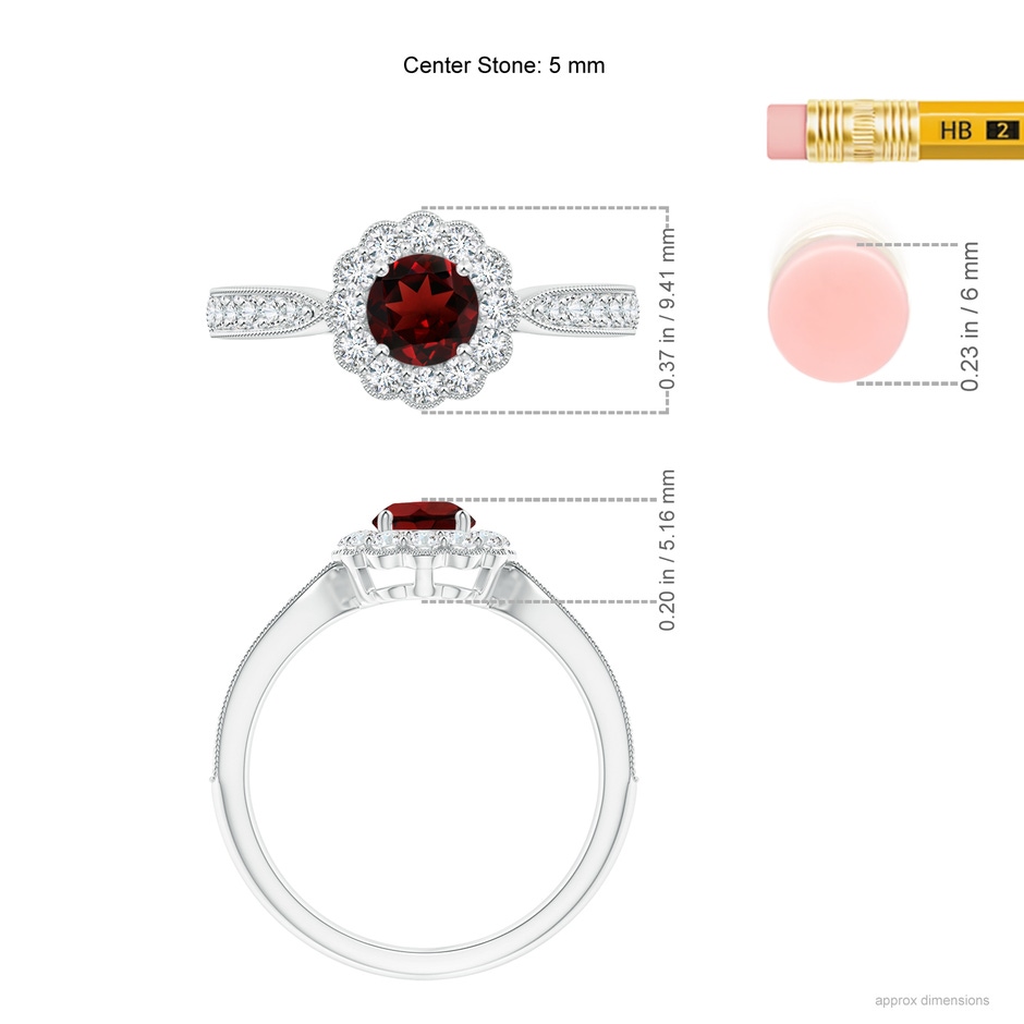 5mm AAA Vintage Inspired Garnet Milgrain Ring with Diamond Halo in White Gold ruler