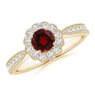 5mm AAAA Vintage Inspired Garnet Milgrain Ring with Diamond Halo in Yellow Gold